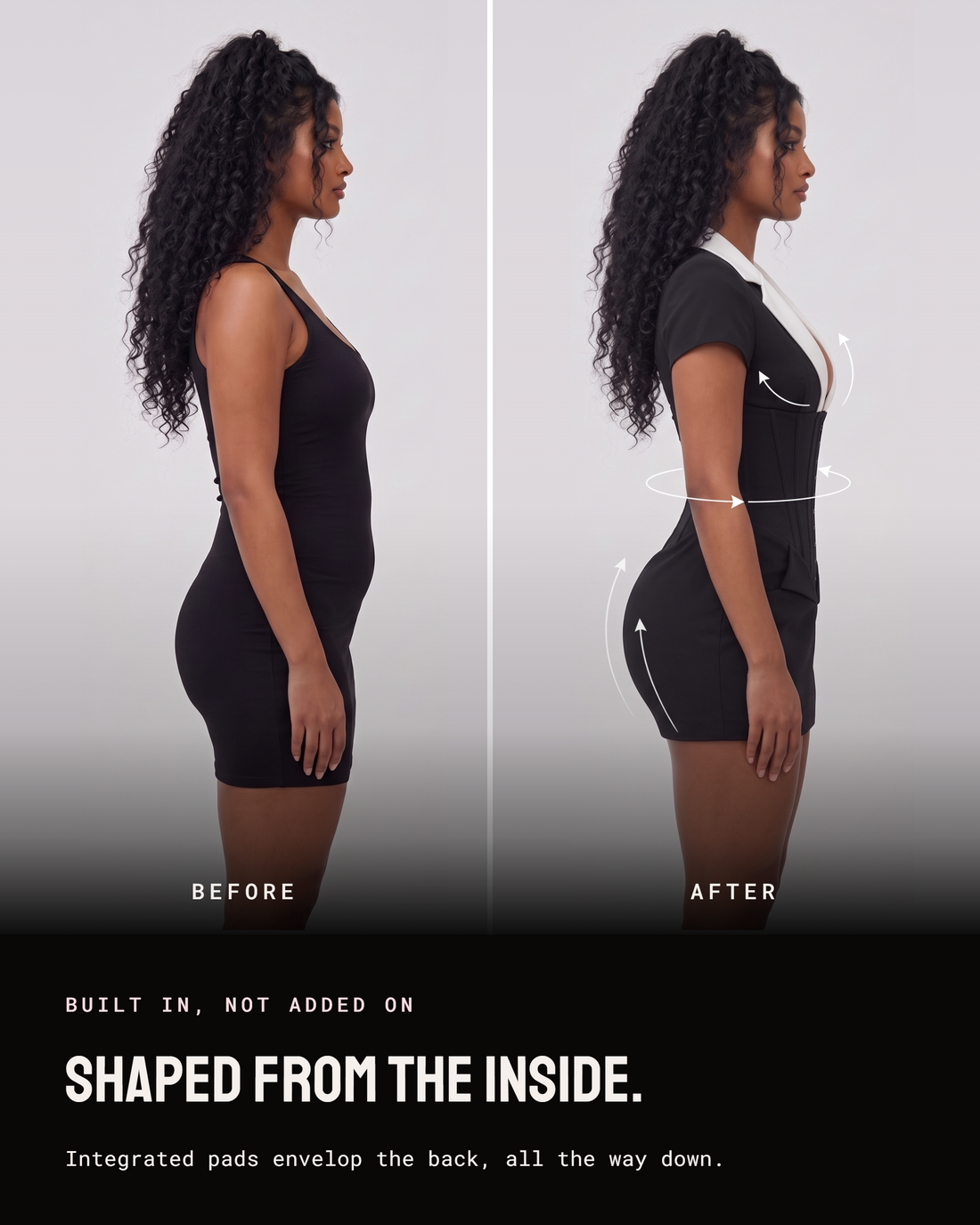The same EASTEAM Daydream 2.0 dress shown before and after, the boned corset and integrated hip padding holding an hourglass silhouette.