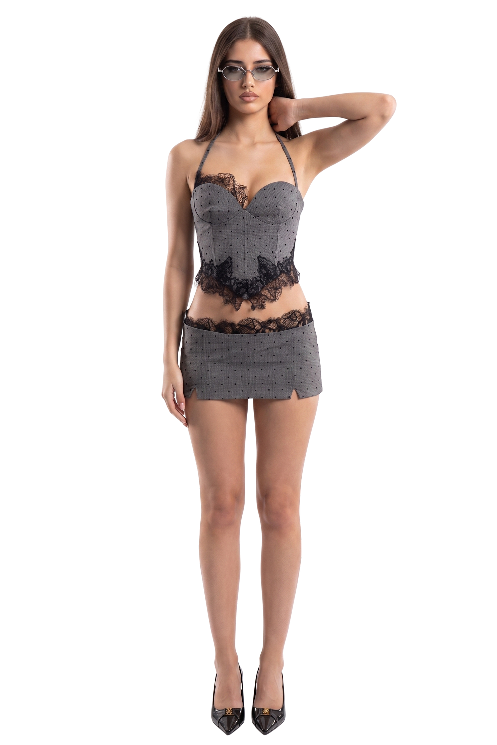 Thessaly Set in Ashfall Grey polka dot, pose two